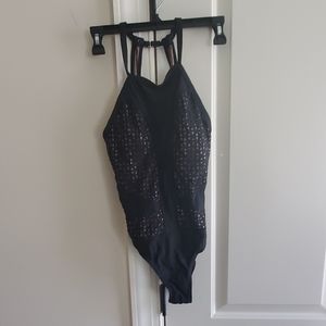 nwt women's sz s black/tan next swimsuit high neck